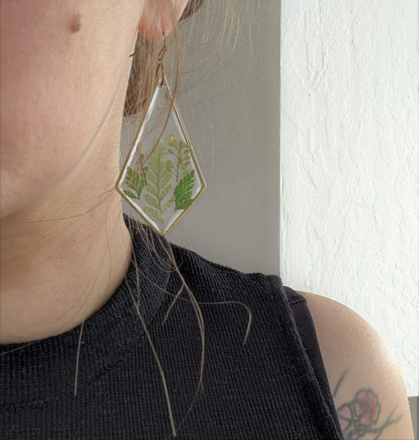 Fern earrings, large plant dangles, terrarium kite statement earrings, real leaf jewelry, resin, nature, forest, woodland, pressed flowers