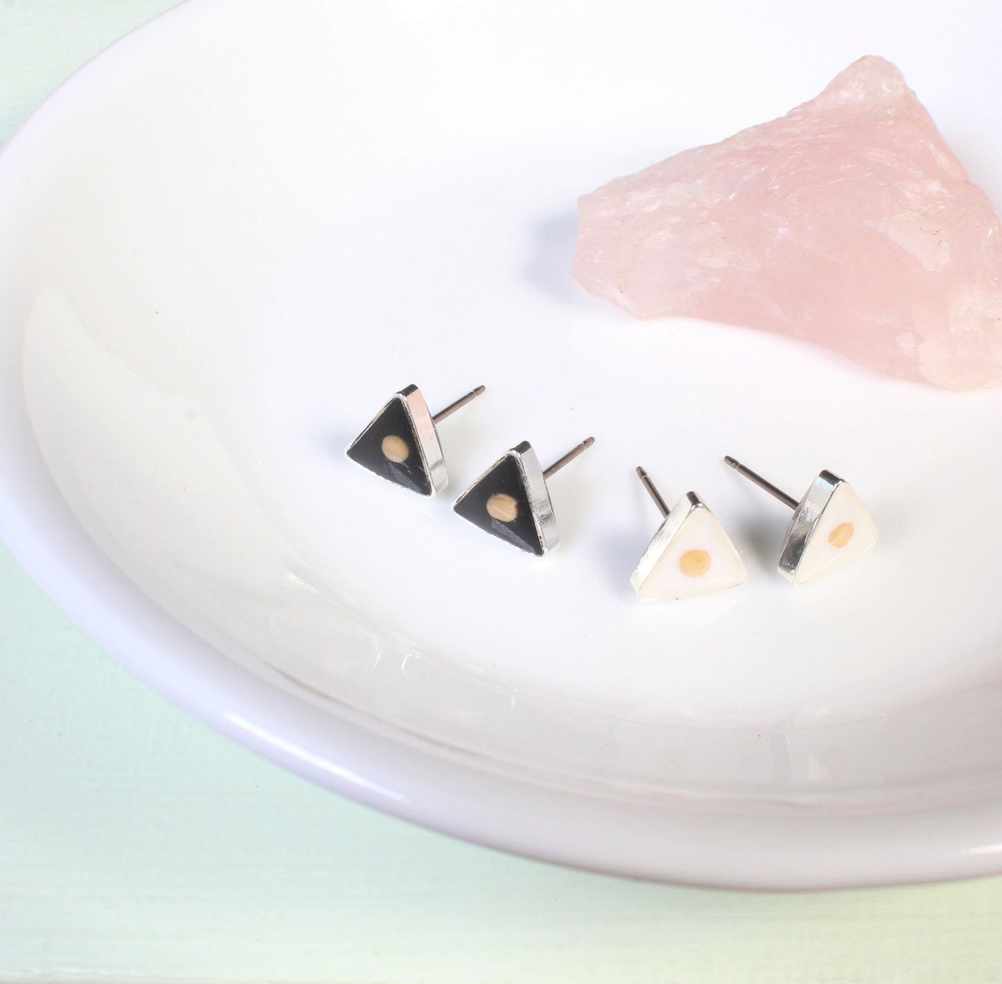 Mustard seed earrings, small triangle earrings, mountain faith studs, hypoallergenic titanium, Christian jewelry, handmade, resin, silver