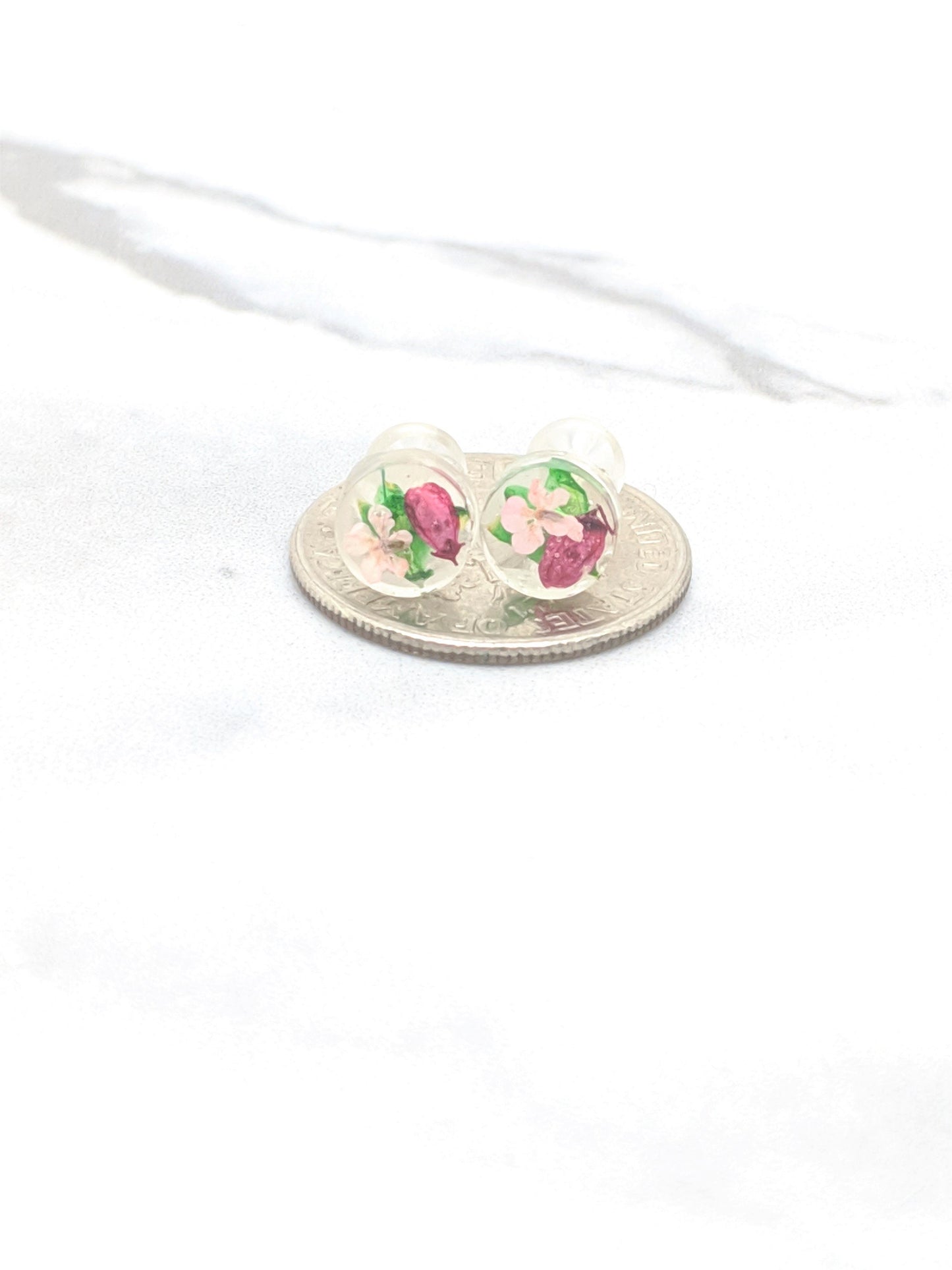 Pressed Flower Earrings, Teeny Tiny Post Earrings in Magenta, Light Pink, and Green, Real Flower Jewelry , Minimalist Posts, Titanium studs