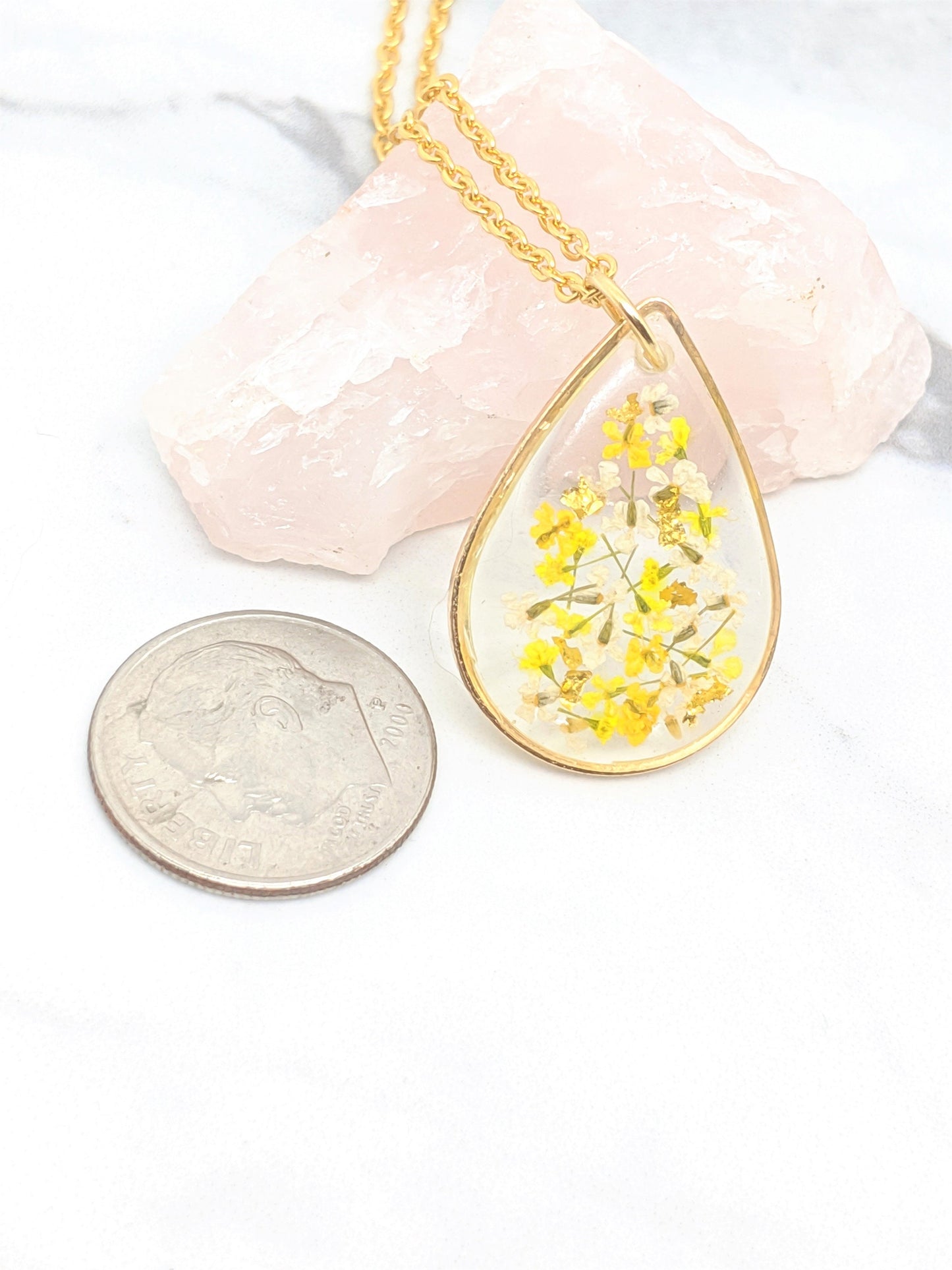 Real Pressed Flower Necklace - Yellow, White, Gold Leaf, Mustard Teardrop Pendant - Pressed Flower Jewelry - Gold Fill Available