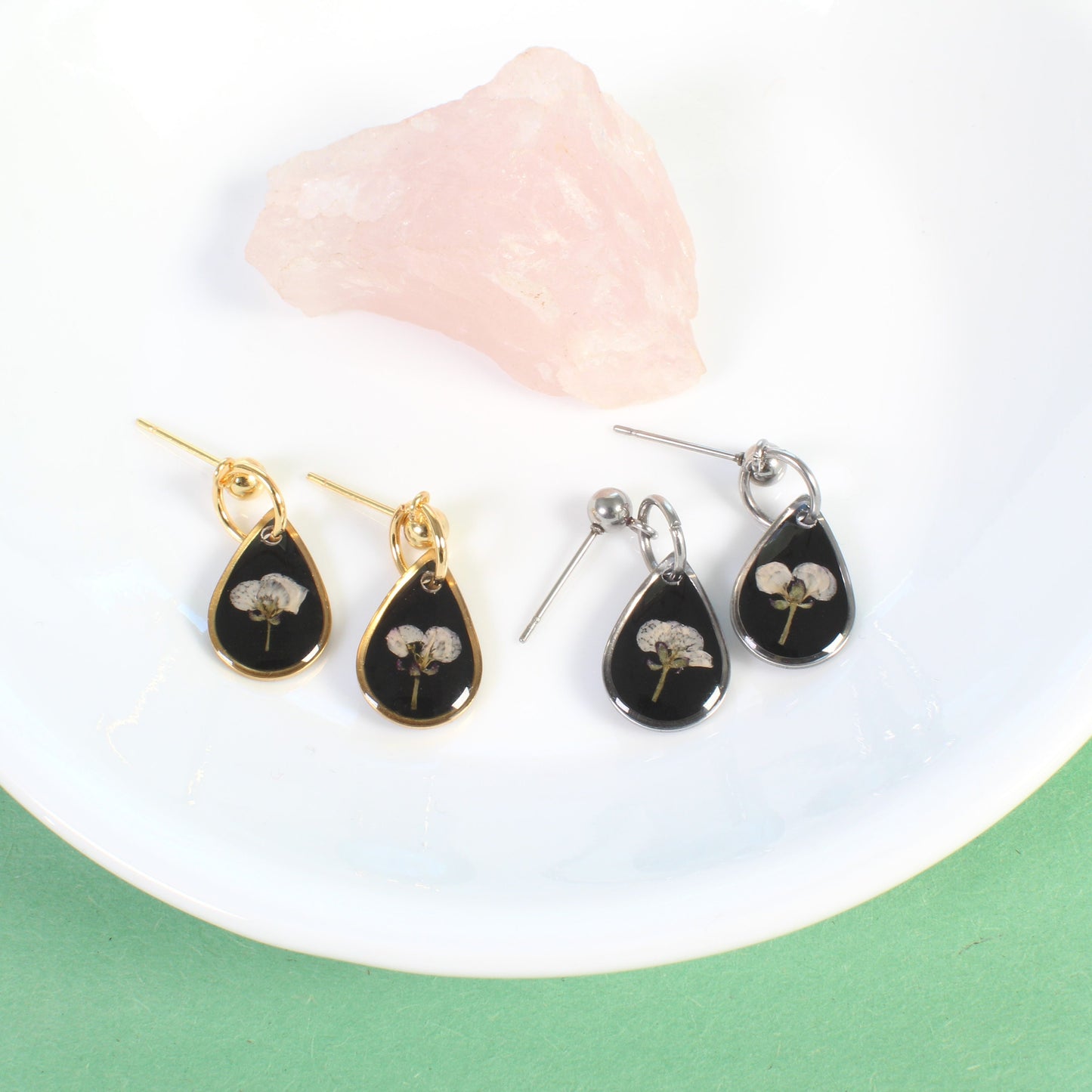 Dainty gold pressed flower dangle earrings, black, white, natural flower jewelry, handmade, resin botanical earrings, small teardrop stud