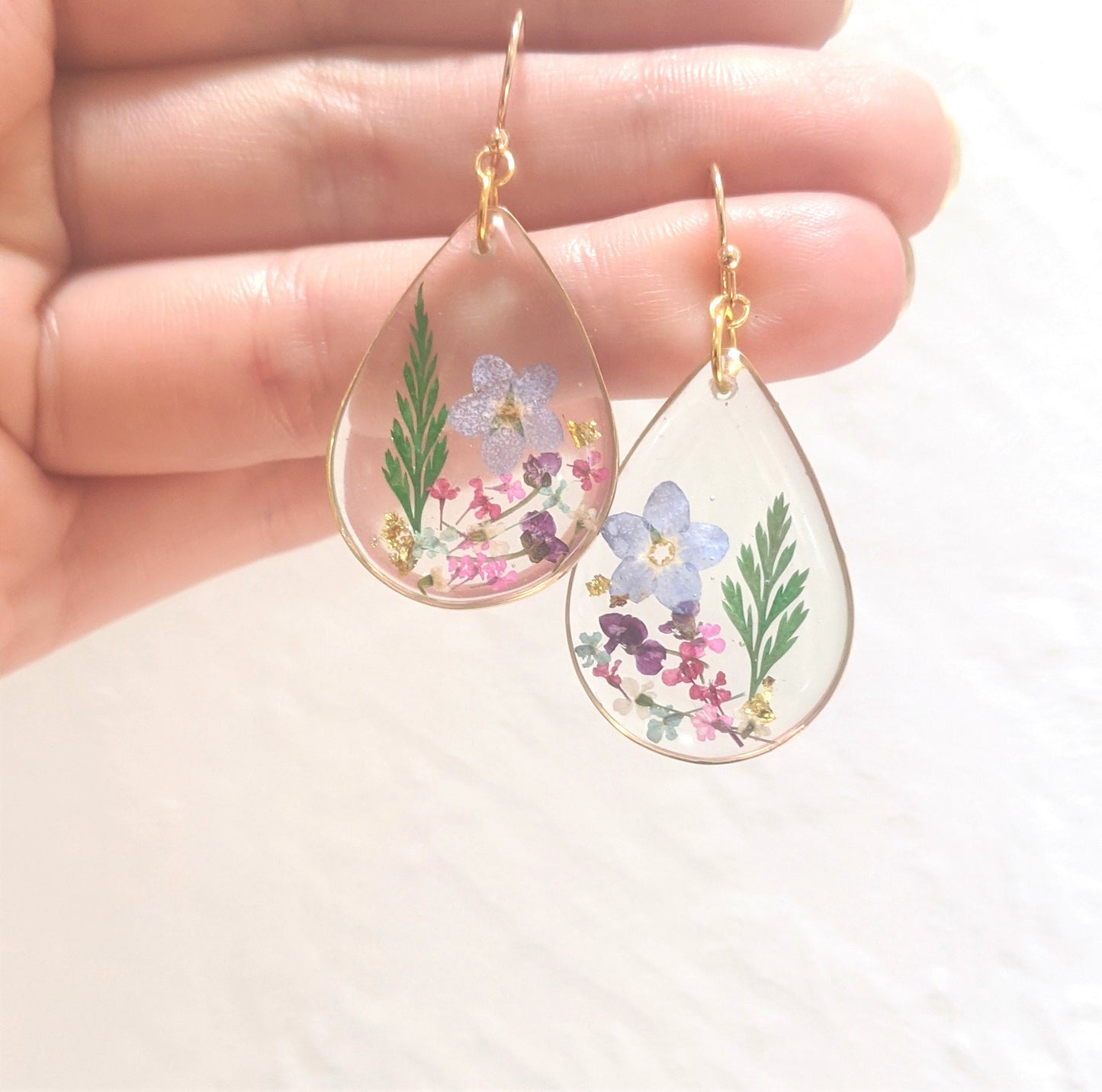 Pressed Flower Earrings, Large Teardrop Dangles, Dried Flower Jewelry, Resin Plant Earrings, Forget-me-not Earrings, Real Flower Jewelry
