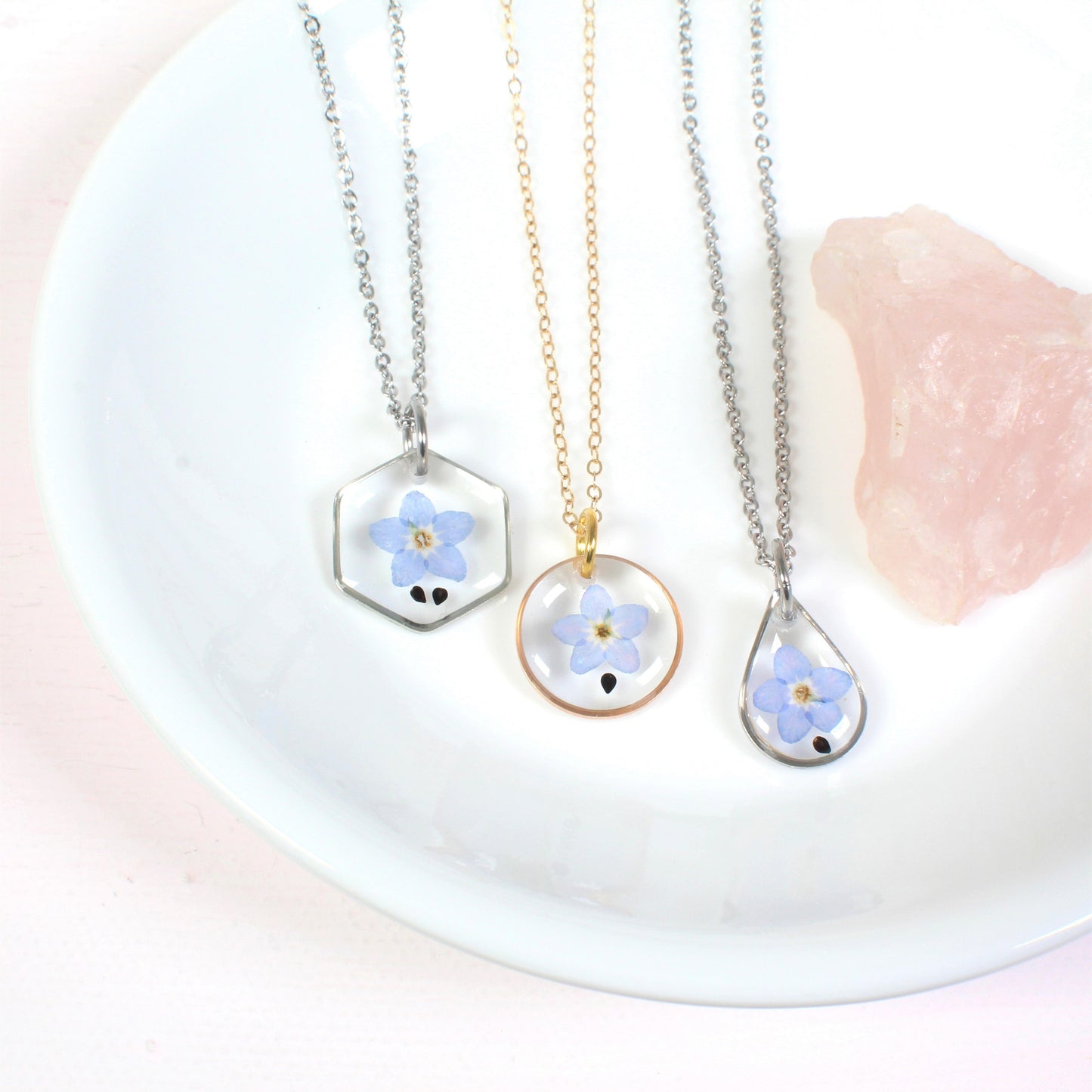 Small teardrop forget-me-not seed and flower necklace, forget me not pendant, miscarriage gift, loss, grief, remembrance, pressed flowers