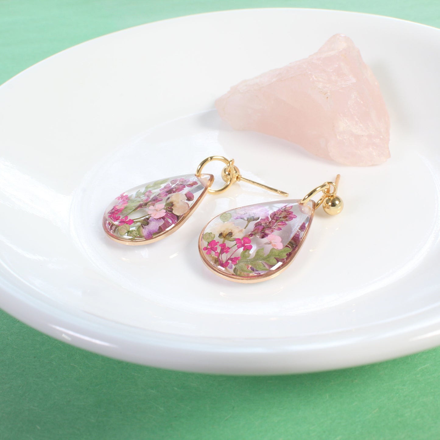 Wildflower earrings, pressed flower dangles, resin jewelry, handmade botanical teardrop studs, pink, purple, gold, silver, nature gift