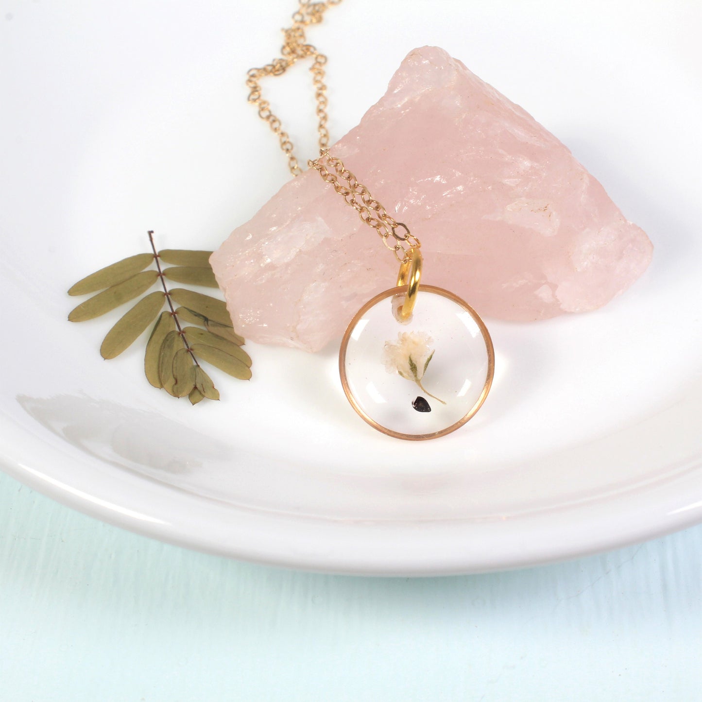 Small teardrop forget-me-not seed necklace with baby's breath, handmade gift for loss, grief, remembrance, miscarriage, forget me not seed