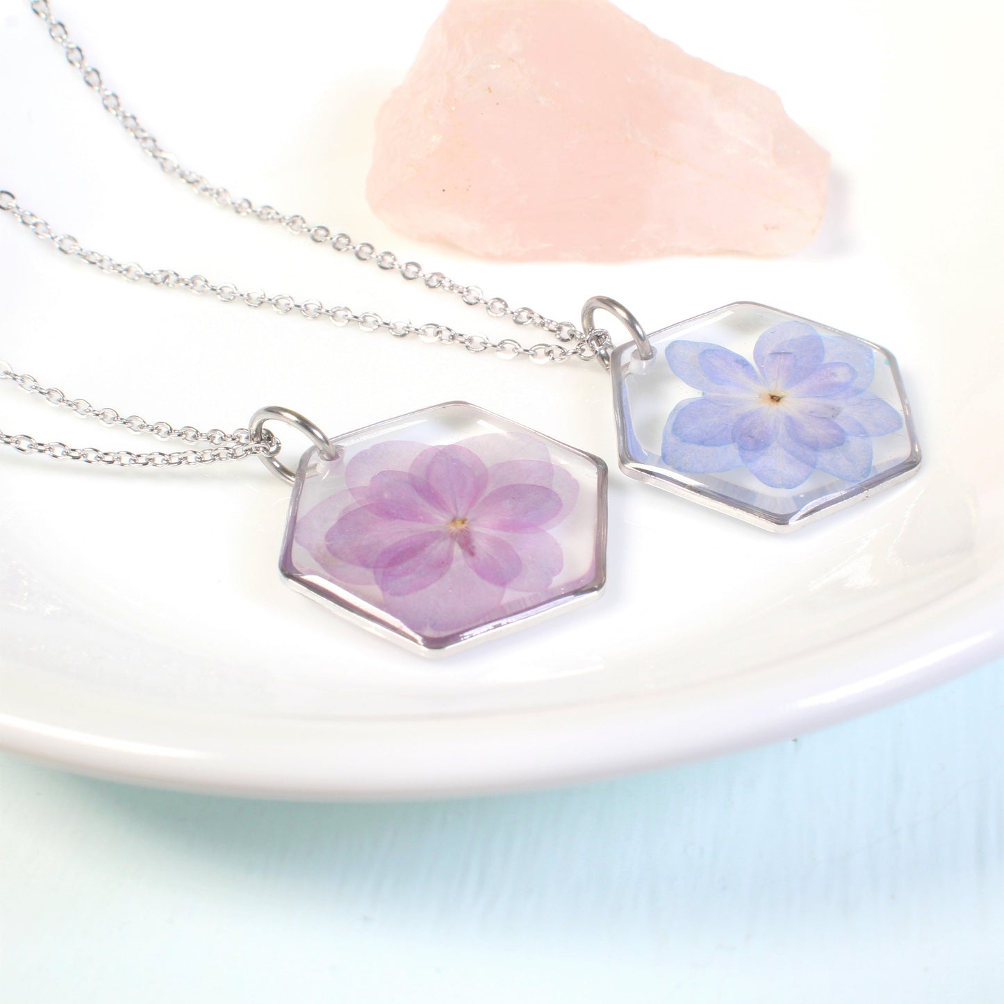 Hydrangea necklace, real pressed flower pendant, purple, blue, gold, silver, handmade resin dried flower jewelry, hexagon, botanical, nature