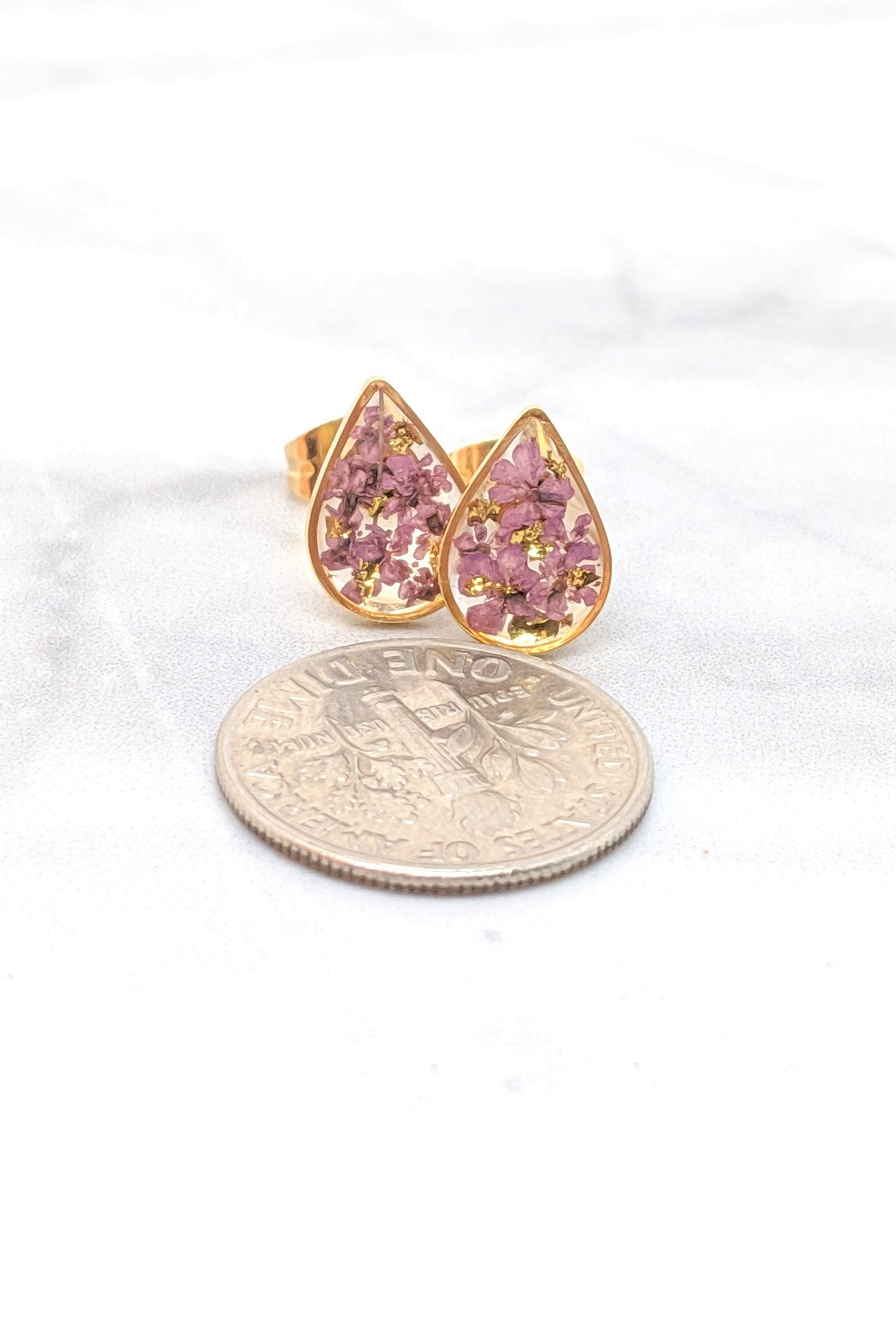 Pressed Flower Earrings, Dusty Purple, Gold Teardrop Studs, Lavender, Mauve, Lilac Posts, Pressed Flower Jewelry, Real Dried Flower Earrings