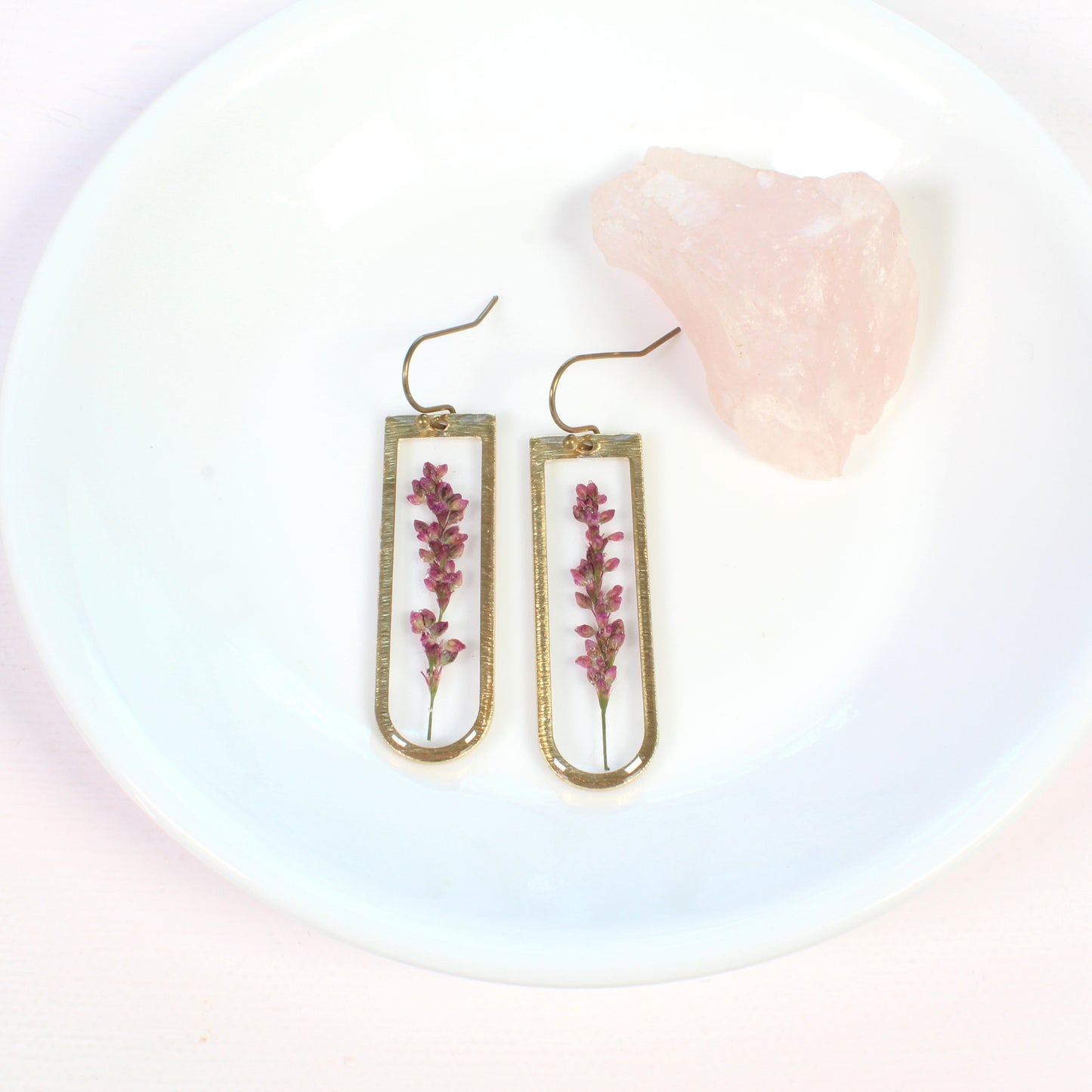 Purple pressed flower earrings, long oval resin dangle earrings, pepperweed, brass, handmade jewelry, nature lover gift, natural wildflower