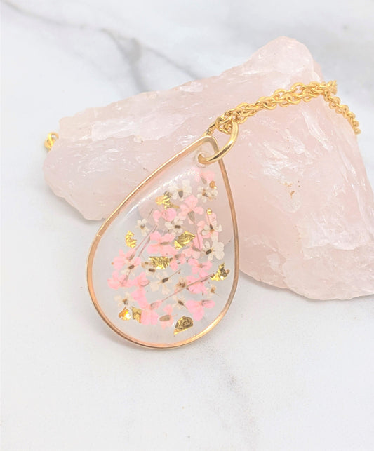 Small Real Pressed Flower Necklace, Gold, Blush Pink, White Teardrop Necklace, Pressed Flower Jewelry, Dried Flower Pendant, Resin Necklace