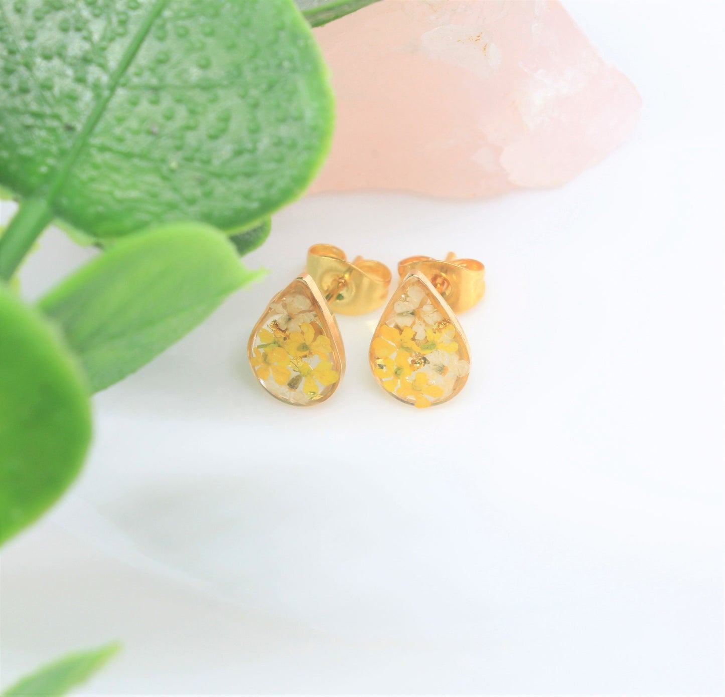 Pressed Flower Studs, Yellow, White, Gold Teardrop Posts, Dry Flower Earrings, Pressed Flower Jewelry, Real Flowers Jewelry, Pressed Flowers