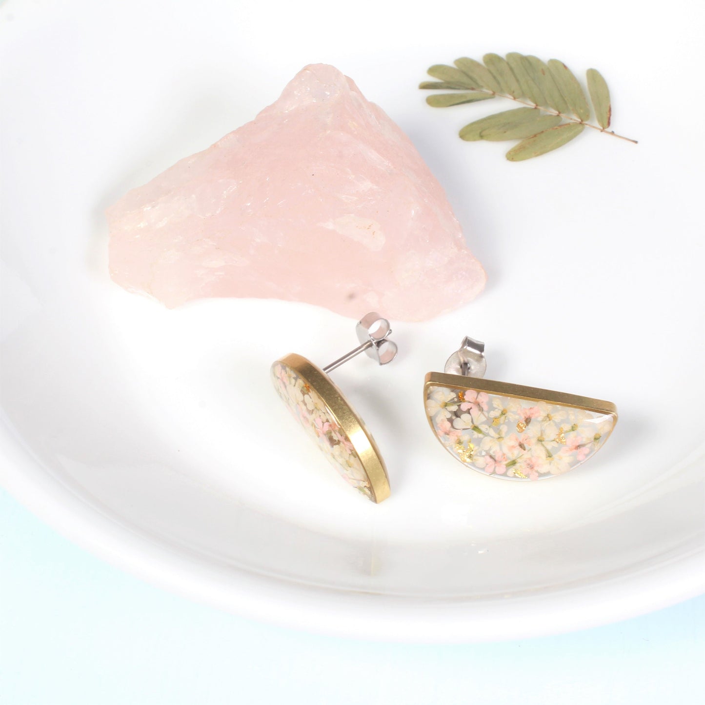 Pressed Flower Semicircle Earrings, Half Moon Resin Studs, Handmade Blush and White Dried Queen Anne's Lace, Hypoallergenic Titanium, Plants