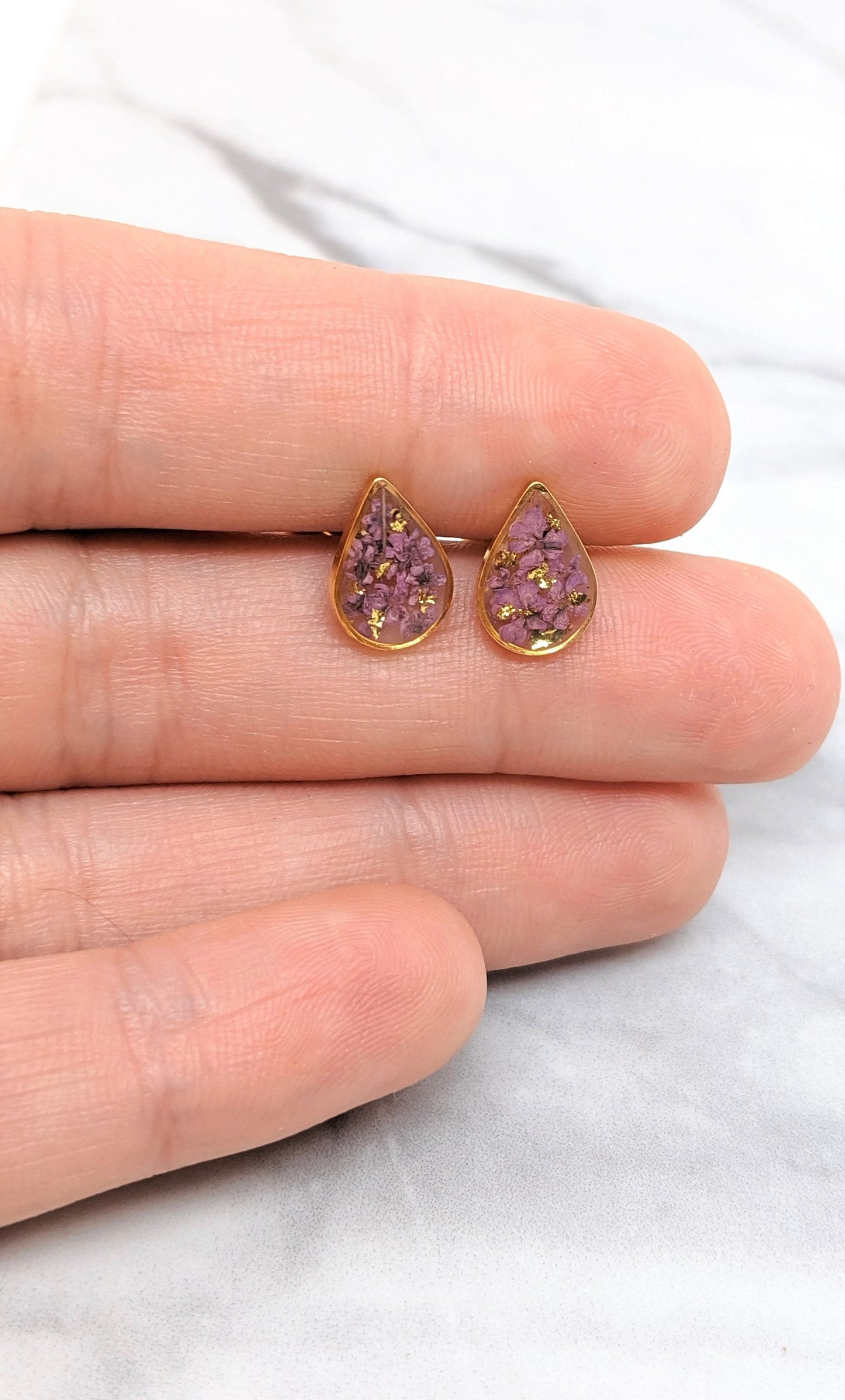 Pressed Flower Earrings, Dusty Purple, Gold Teardrop Studs, Lavender, Mauve, Lilac Posts, Pressed Flower Jewelry, Real Dried Flower Earrings