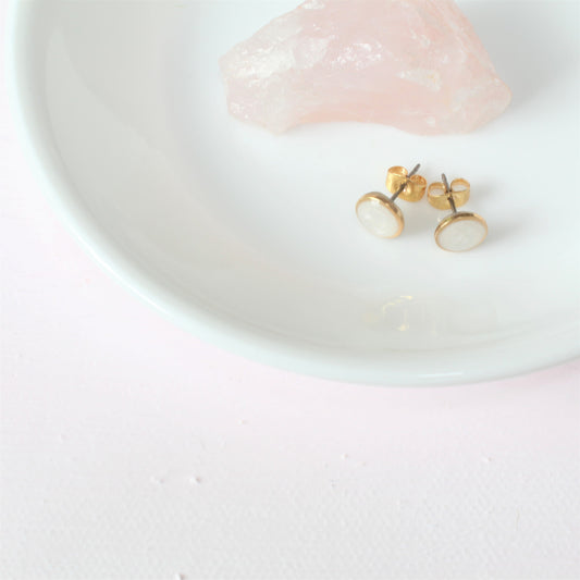 Small Modern Minimalist White and Gold Studs, Resin Earrings, Hypoallergenic Titanium, Geometric Gold Circles, Frosty White, Every day Studs