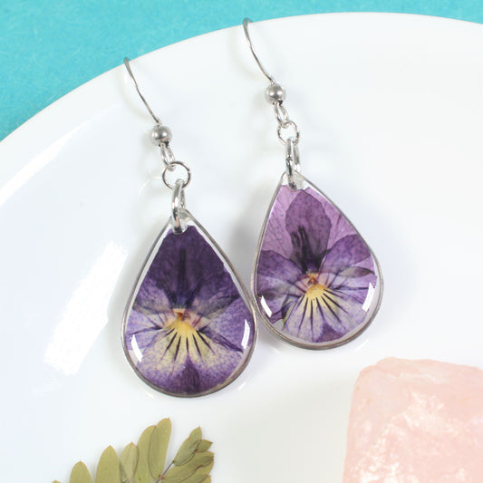 Pressed flower dangle earrings, real violet jewelry, purple pansy viola flowers, resin, February birth flower, handmade teardrop earrings