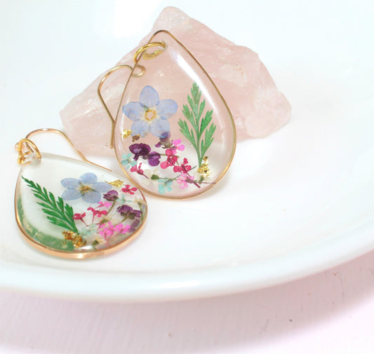 Pressed Flower Earrings, Large Teardrop Dangles, Dried Flower Jewelry, Resin Plant Earrings, Forget-me-not Earrings, Real Flower Jewelry