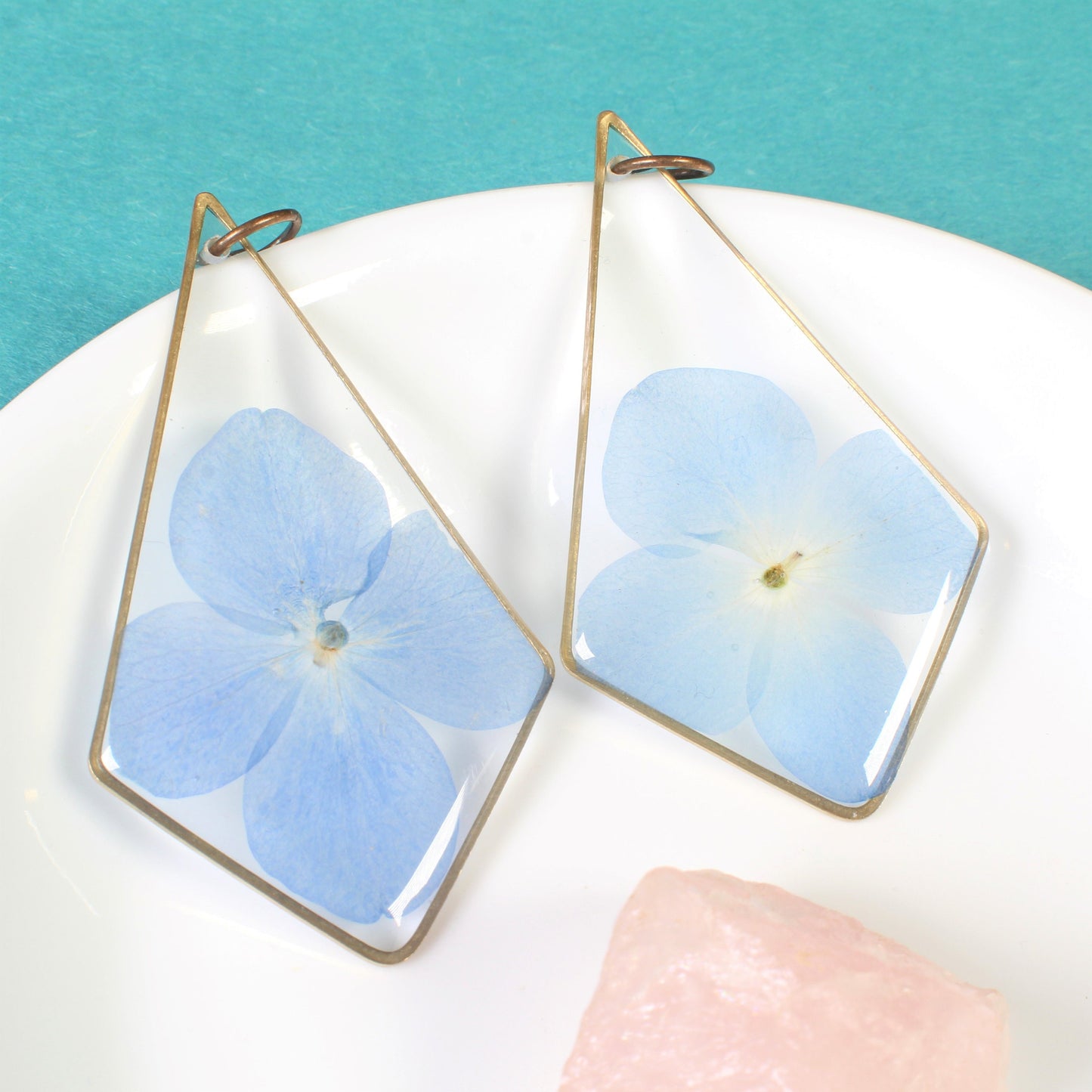 Large hydrangea earrings, blue pressed flower dangle earrings, resin dried flower jewelry, handmade, kite shaped, triangle resin earring