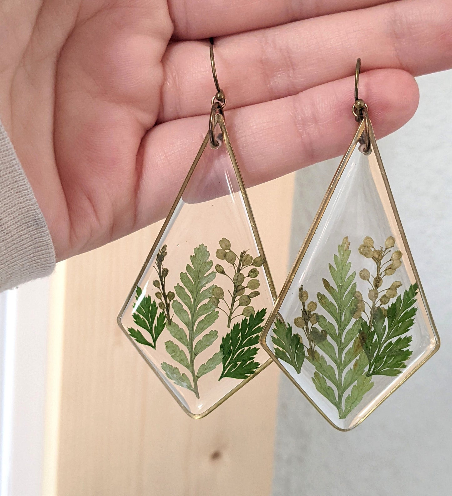 Fern earrings, large plant dangles, terrarium kite statement earrings, real leaf jewelry, resin, nature, forest, woodland, pressed flowers