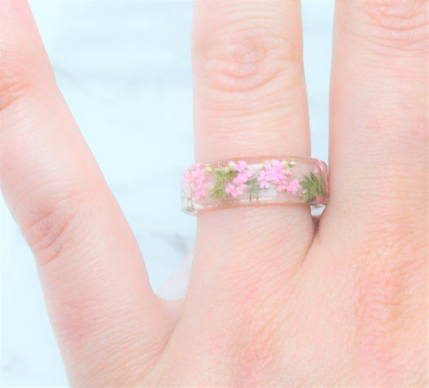 Real Pressed Flower Ring,  Blush, White, and Leaves Clear Resin Band, Pressed Flower Jewelry, Dry Flower Ring, Real Flower Ring, Pink Ring