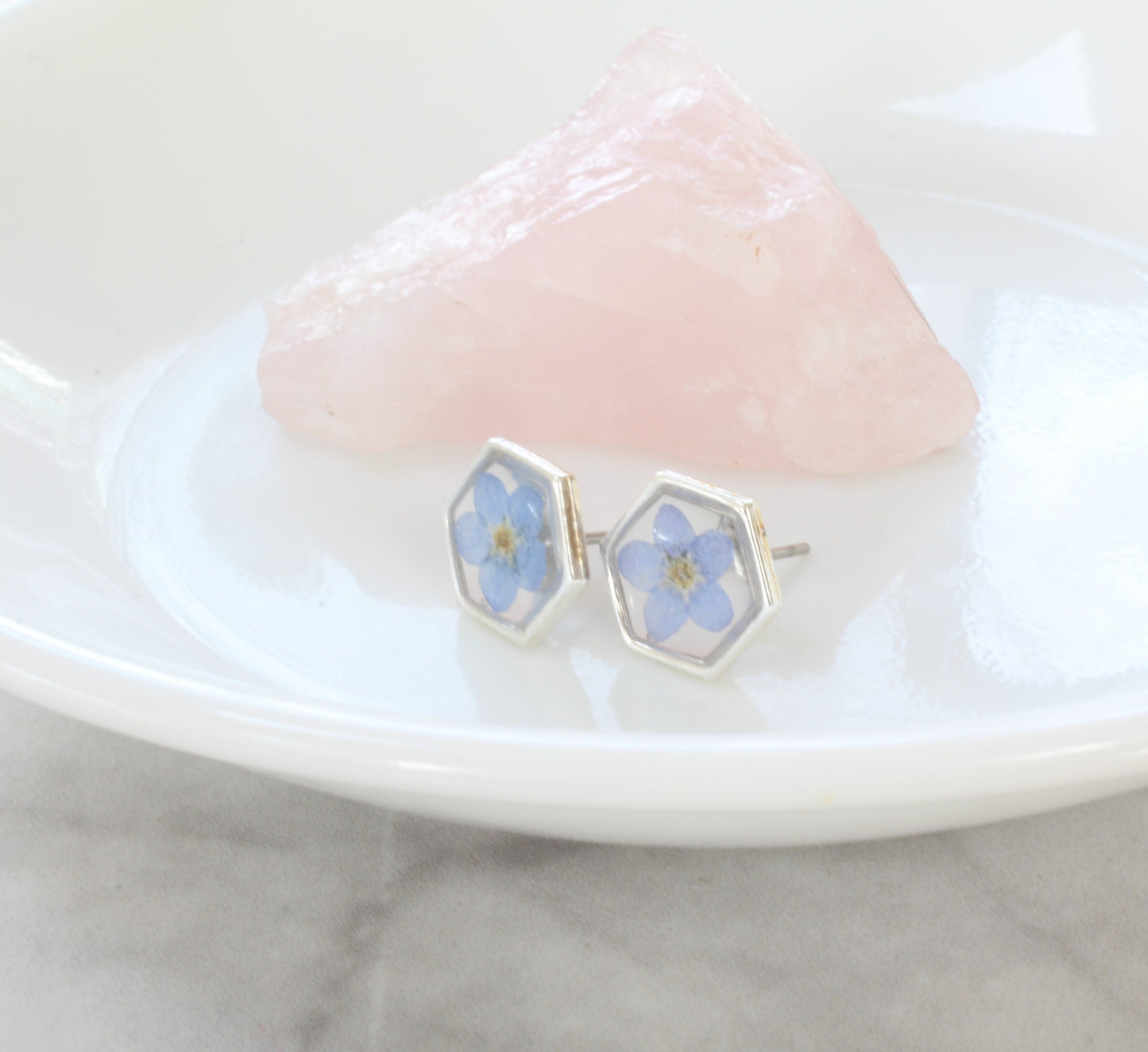 Pressed Flower Earrings, Blue Forget-me-not Studs, Silver Hexagons, Real Dried Flowers, Resin, Plant Jewelry, Forget me not, Titanium Posts