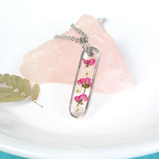 Dainty Pressed Flower Necklace, Oval Silver Bar, Real Dark Pink Dried Wildflowers, Resin, Pill Shaped Small Nature Pendant, Plant Jewelry