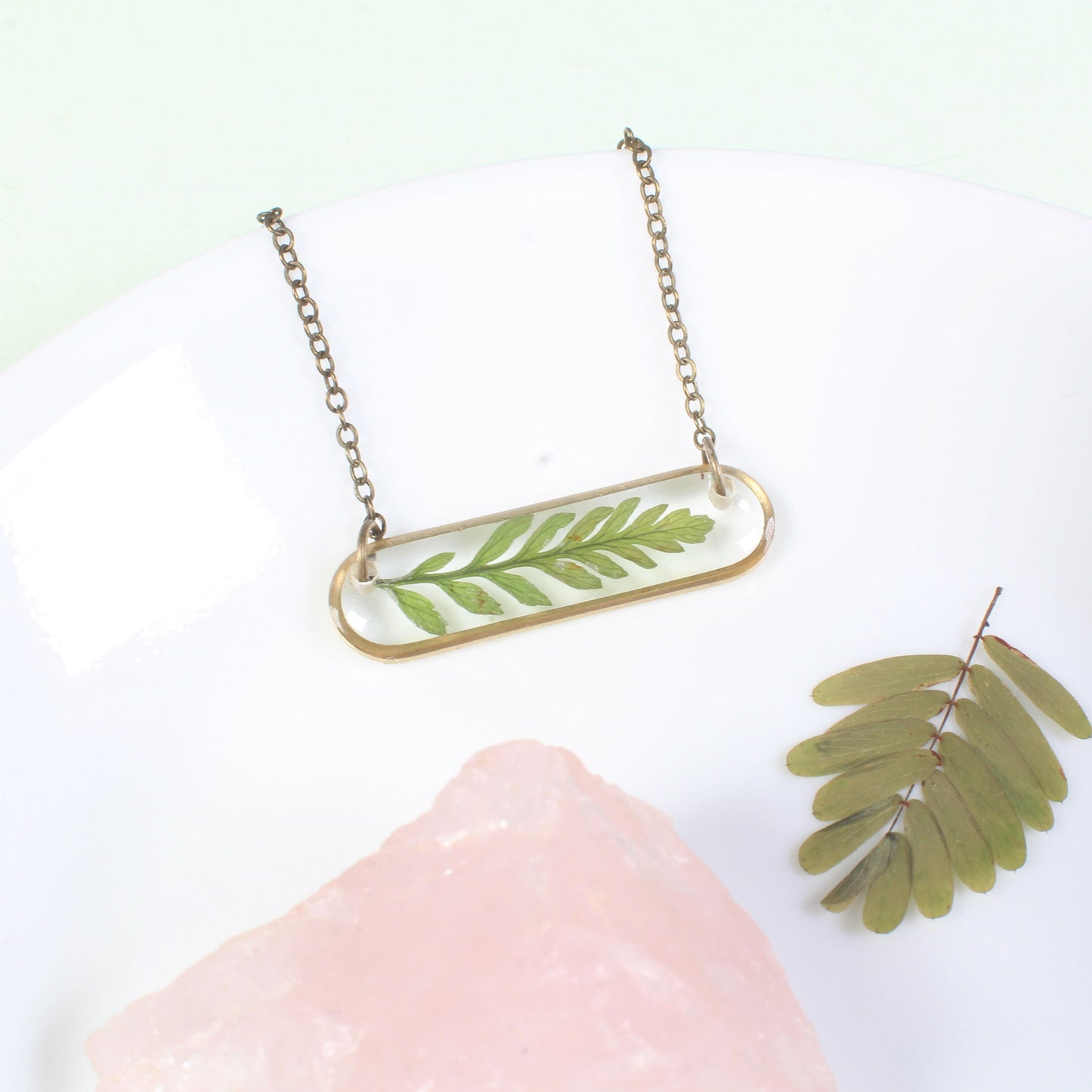 Oval Pressed Fern Leaf Necklace in Brass