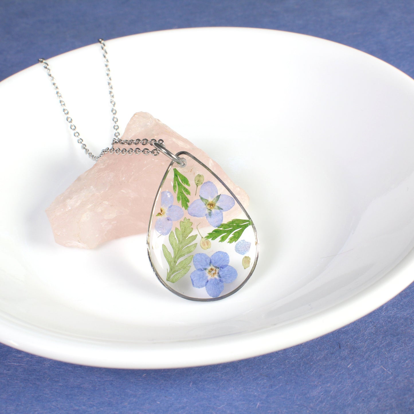 Pressed forget me not flowers and fern leaves resin handmade teardrop necklace