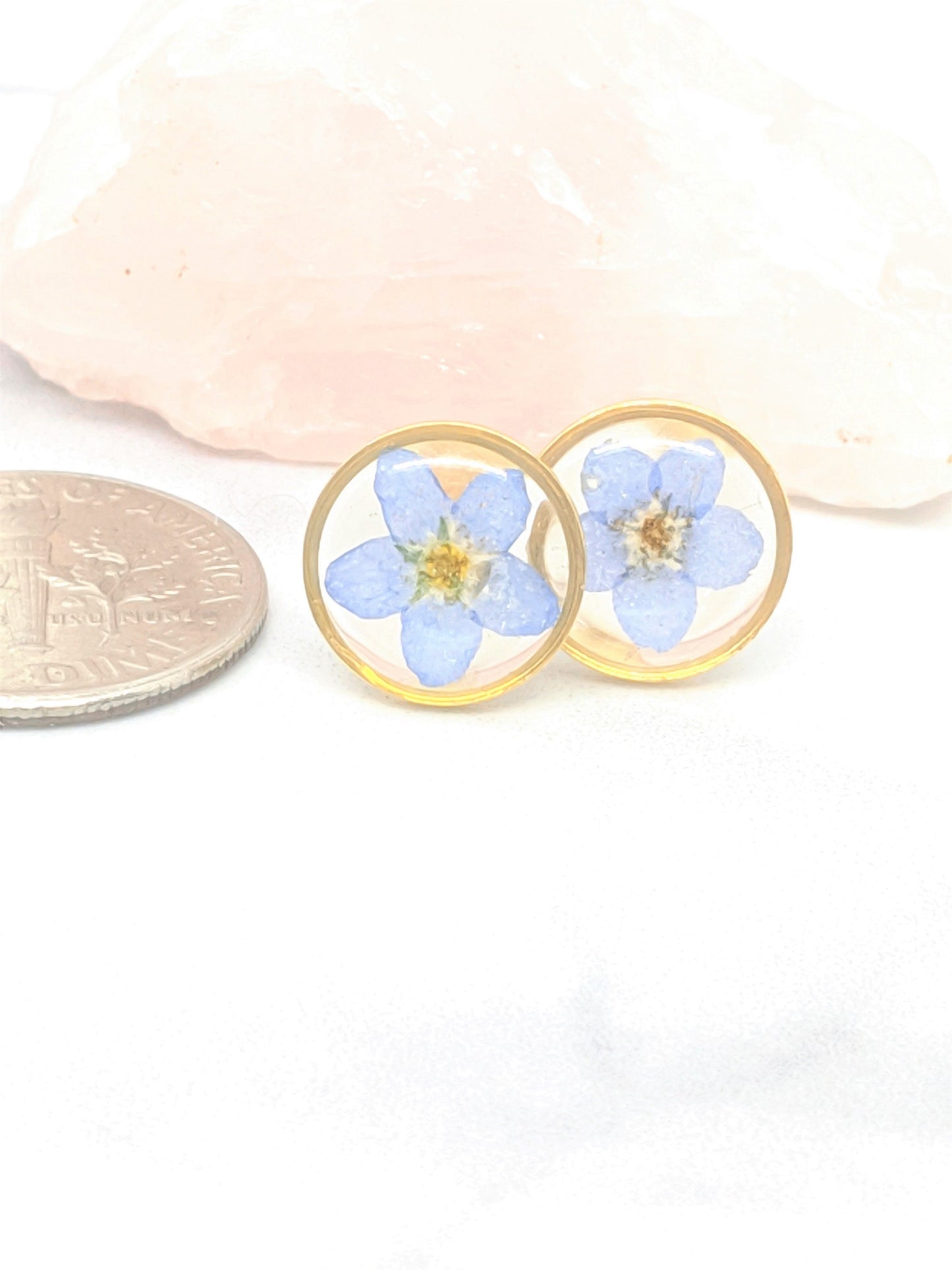 Pressed Flower Earrings, Forget me not Studs, Botanical Earrings, Pressed Flower Jewelry, Real Dried Blue Flower Studs, Hypoallergenic
