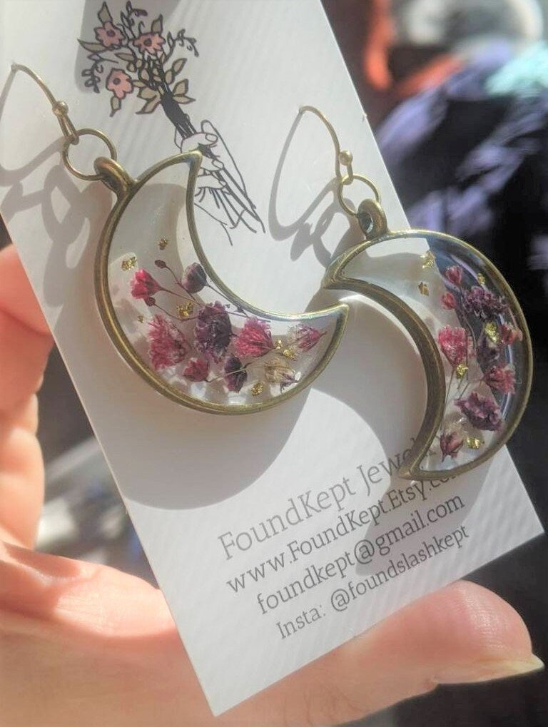 Pressed Flower Earrings, Resin Moon Dangles, Real Dried Flowers, Handmade, Silver, Rose Gold, Bronze, Gold, Botanical, Baby's breath, Nature