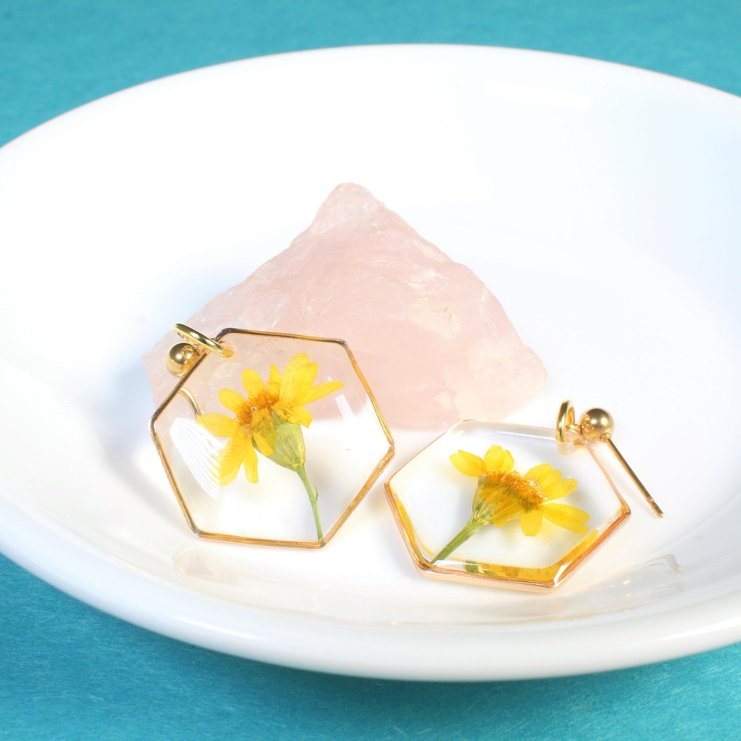 Yellow pressed flower dangle earrings, real daisy resin jewelry, dried floral, handmade, hexagons, wildflowers, March birth flower, daffodil
