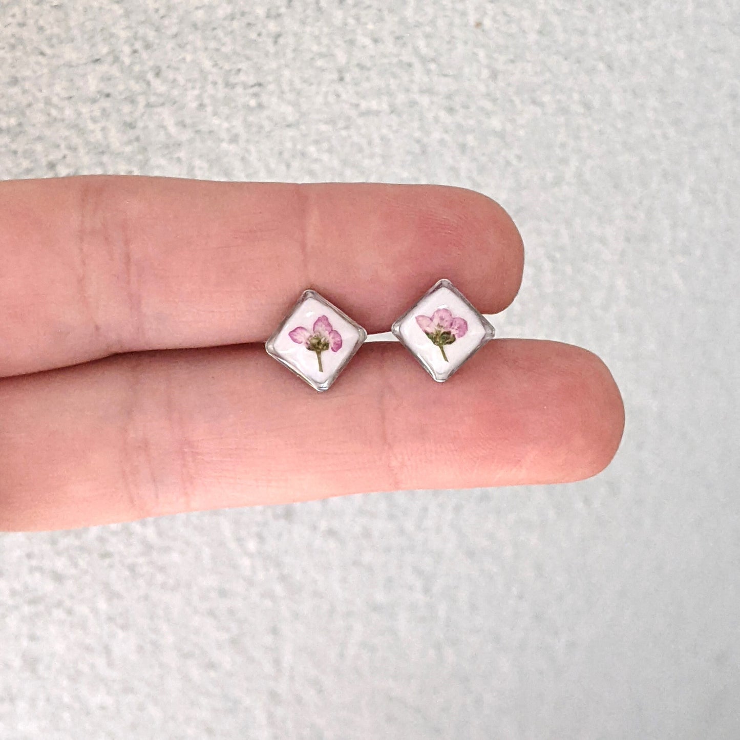 Tiny pressed flower earrings, light pink dry flower studs, hypoallergenic titanium, botanical wildflower jewelry, minimalist, small handmade