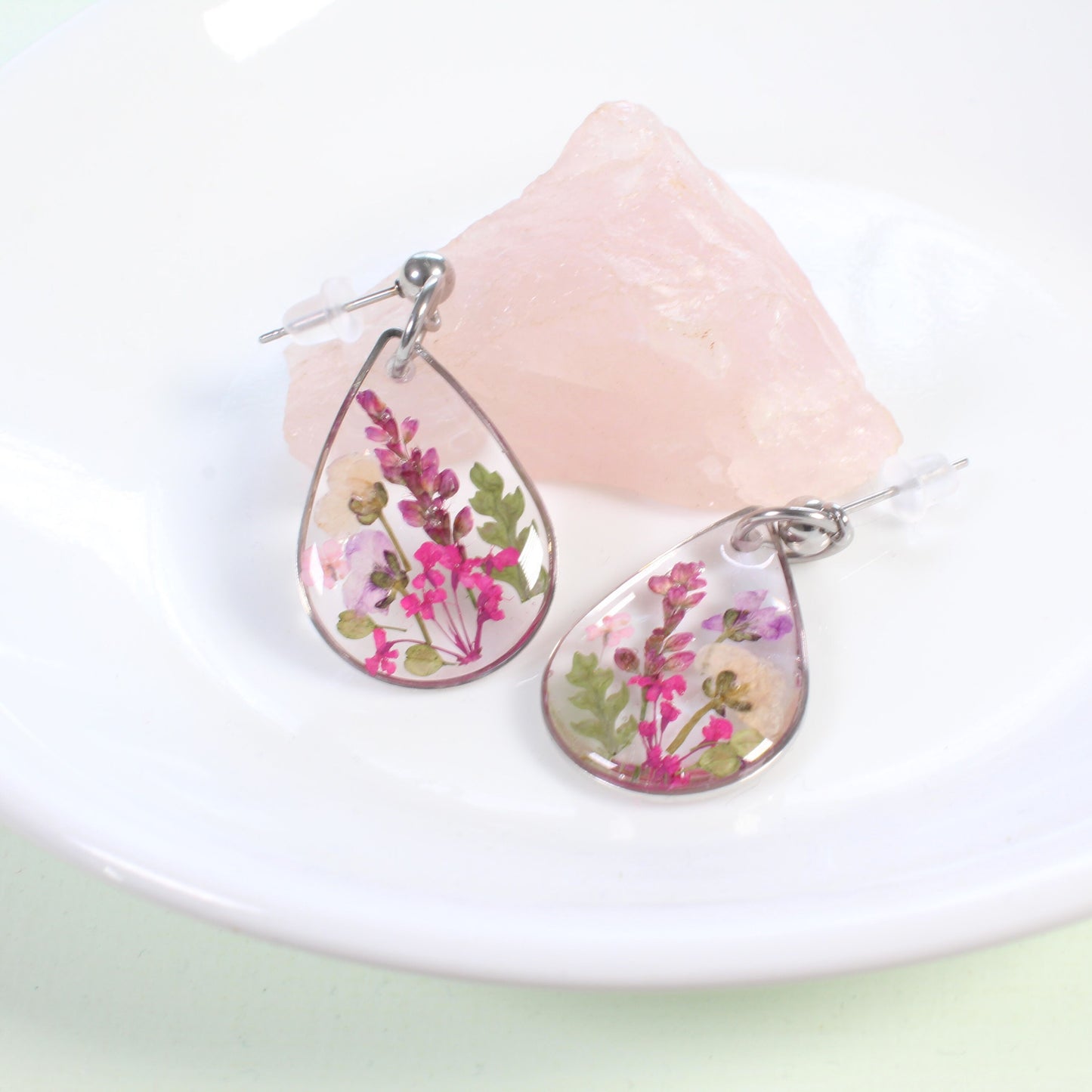 Wildflower earrings, pressed flower dangles, resin jewelry, handmade botanical teardrop studs, pink, purple, gold, silver, nature gift