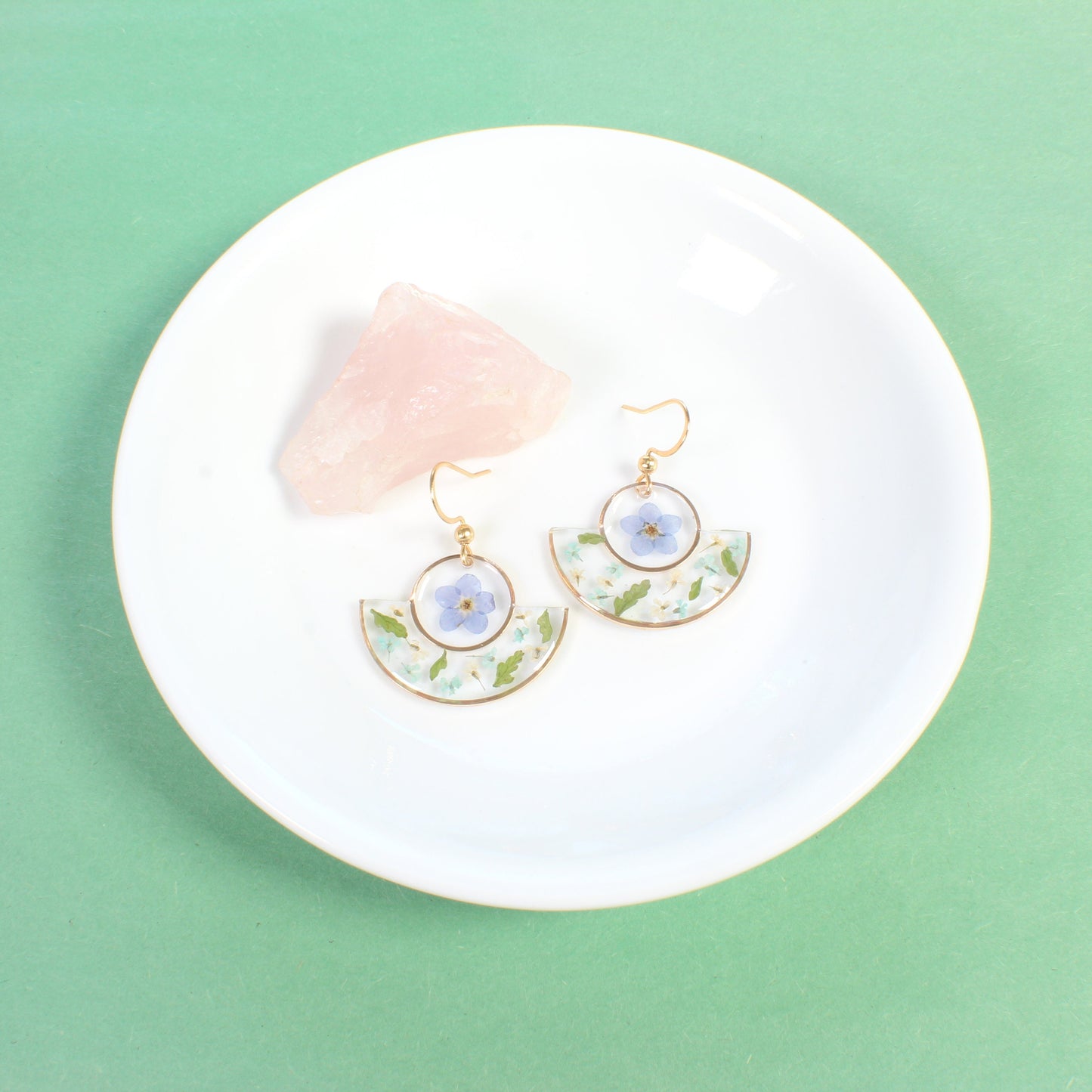Geometric Pressed Flower Resin Dangle Earrings with Forget-me-nots