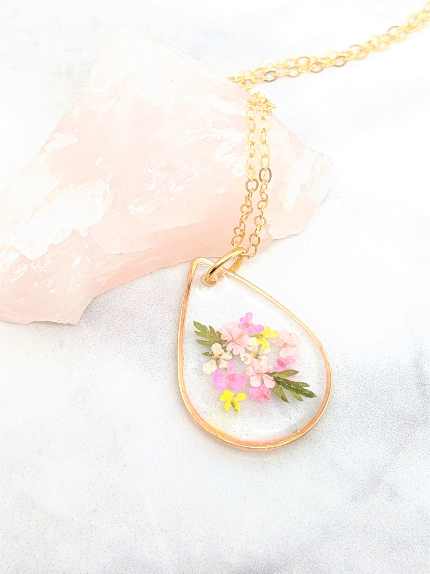 Real Pressed Flower Necklace, Small Teardrop Pendant, Pink & Yellow Bouquet, Gold Fill, Pressed Flower Jewelry, Dry Flower, Flower Girl Gift