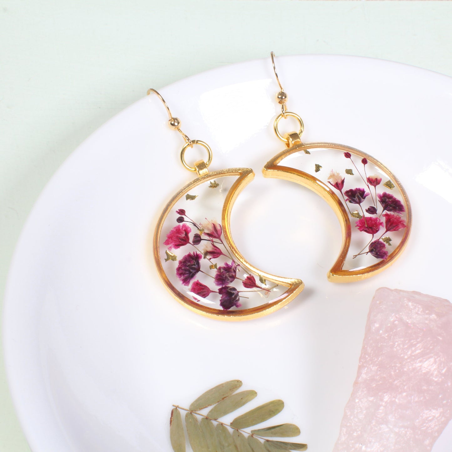 Pressed Flower Earrings, Resin Moon Dangles, Real Dried Flowers, Handmade, Silver, Rose Gold, Bronze, Gold, Botanical, Baby's breath, Nature