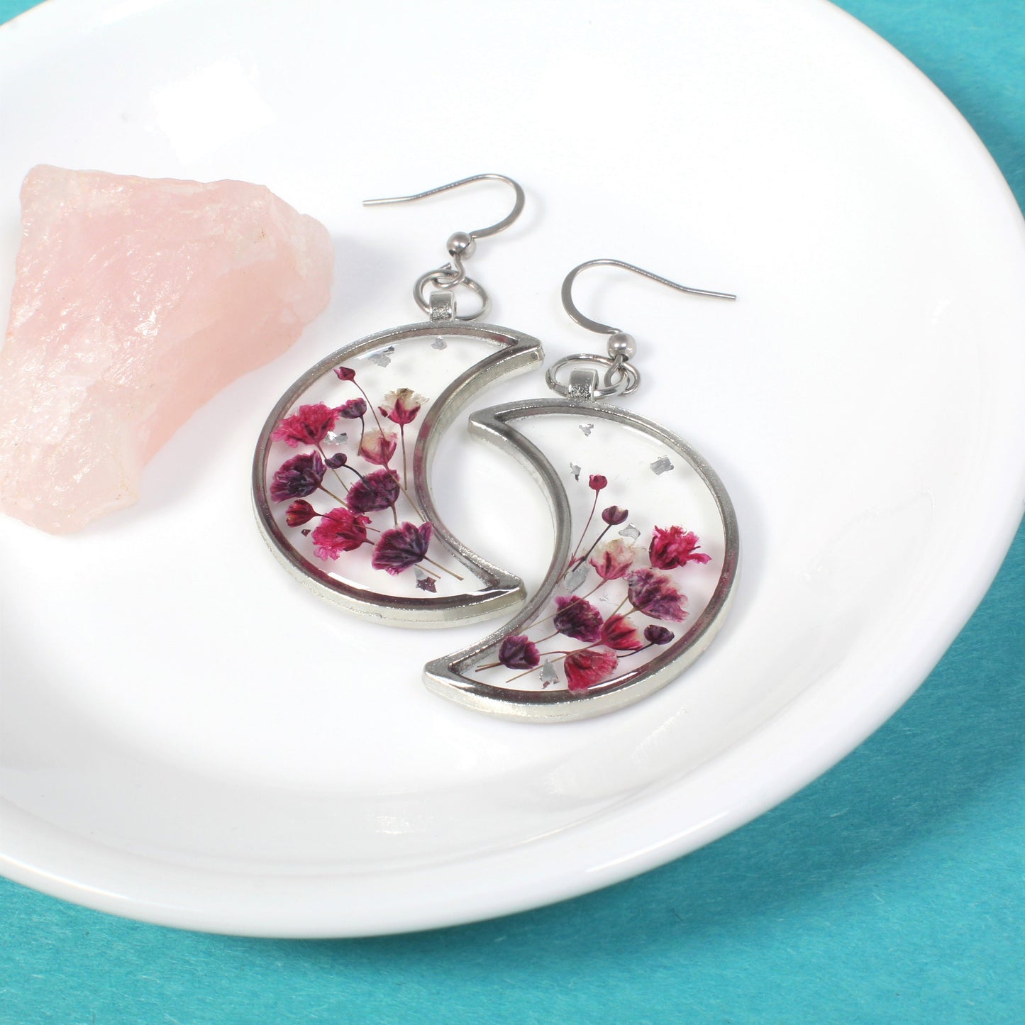 Pressed Flower Earrings, Resin Moon Dangles, Real Dried Flowers, Handmade, Silver, Rose Gold, Bronze, Gold, Botanical, Baby's breath, Nature