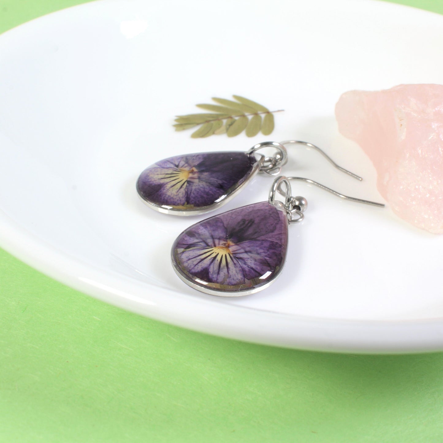 Pressed flower dangle earrings, real violet jewelry, purple pansy viola flowers, resin, February birth flower, handmade teardrop earrings
