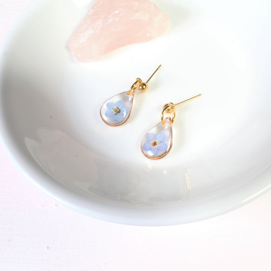 Tiny gold forget me not earrings, small teardrop dangle studs, handmade resin jewelry, pressed flowers, long distance friendship gift nature