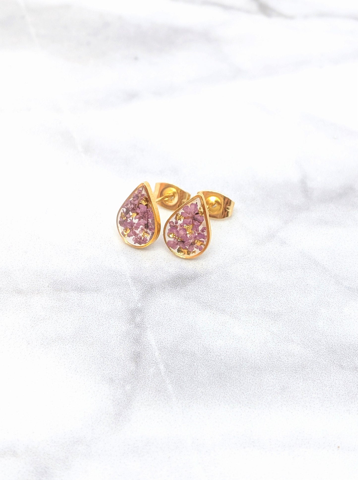 Pressed Flower Earrings, Dusty Purple, Gold Teardrop Studs, Lavender, Mauve, Lilac Posts, Pressed Flower Jewelry, Real Dried Flower Earrings