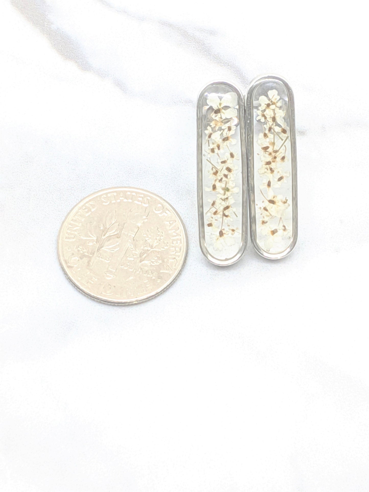 Real Pressed Flower Earrings - Oval Silver Bar Posts with White Wildflowers - Pressed Flower Jewelry