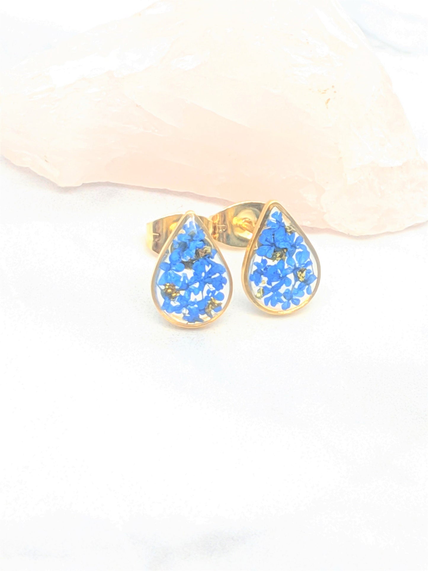 Pressed Flower Earrings, Navy Blue Gold Teardrop Studs, Dark Blue Posts, Pressed Flower Jewelry, Real Dried Flower Earrings, Pressed Flowers