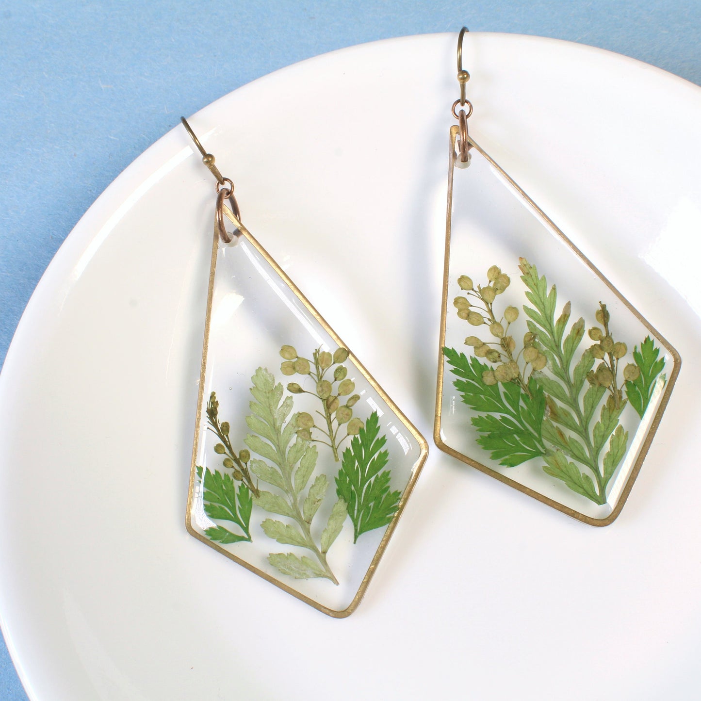 Fern earrings, large plant dangles, terrarium kite statement earrings, real leaf jewelry, resin, nature, forest, woodland, pressed flowers