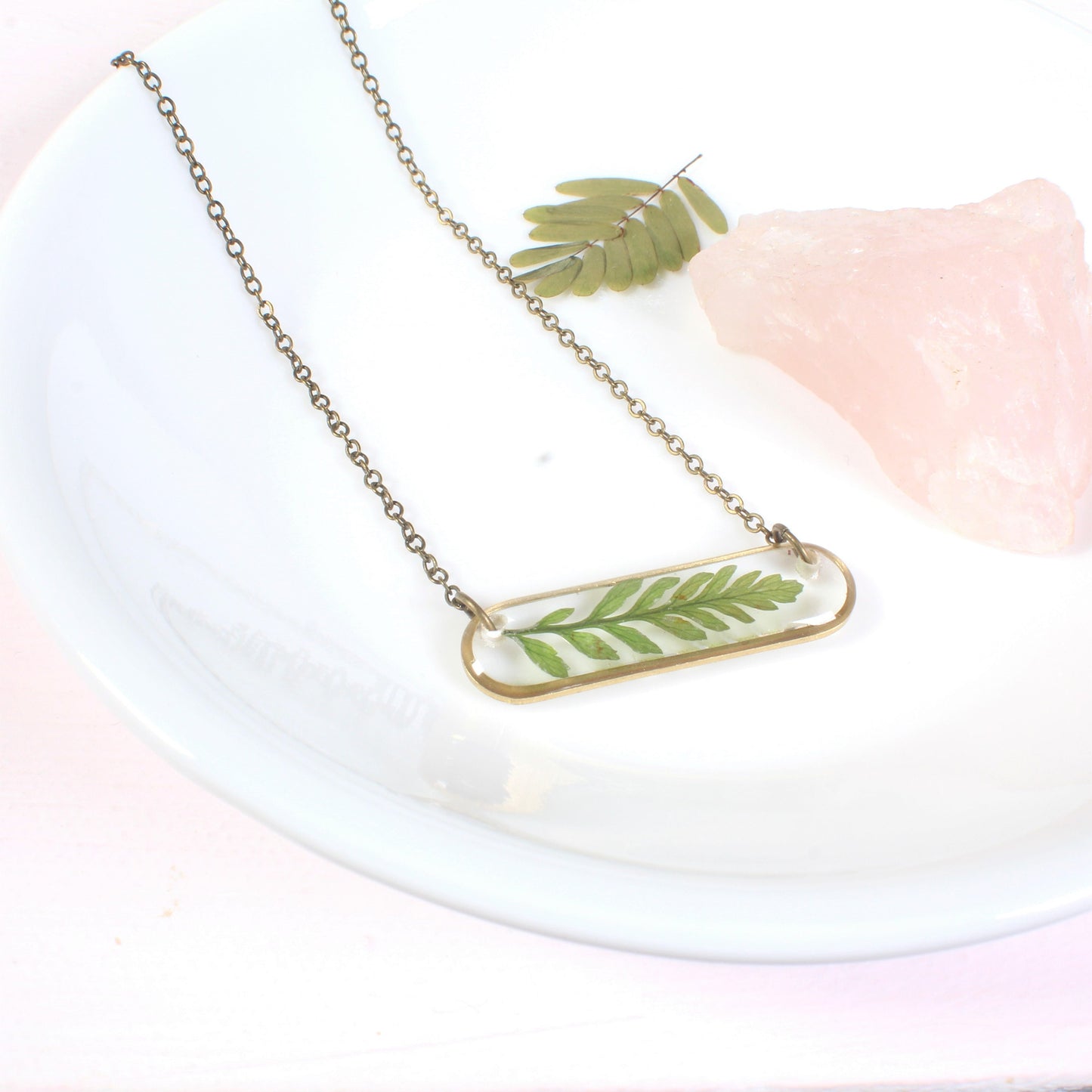 Oval Pressed Fern Leaf Necklace in Brass