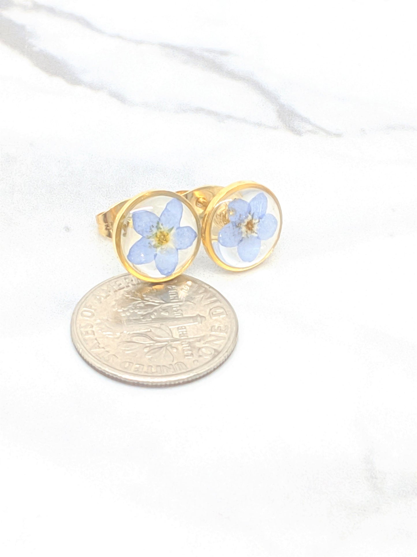 Pressed Flower Earrings, Forget me not Studs, Botanical Earrings, Pressed Flower Jewelry, Real Dried Blue Flower Studs, Hypoallergenic