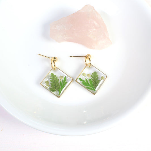 Square Mixed Fern Leaf Dangle Earrings