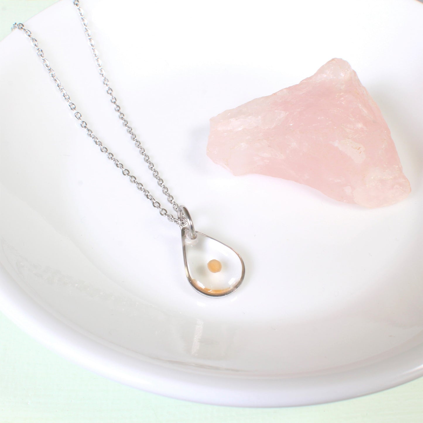 Mustard seed necklace, small teardrop pendant, faith necklace, Christian jewelry, mustard seed jewelry, clear resin, 14k gold filled, silver