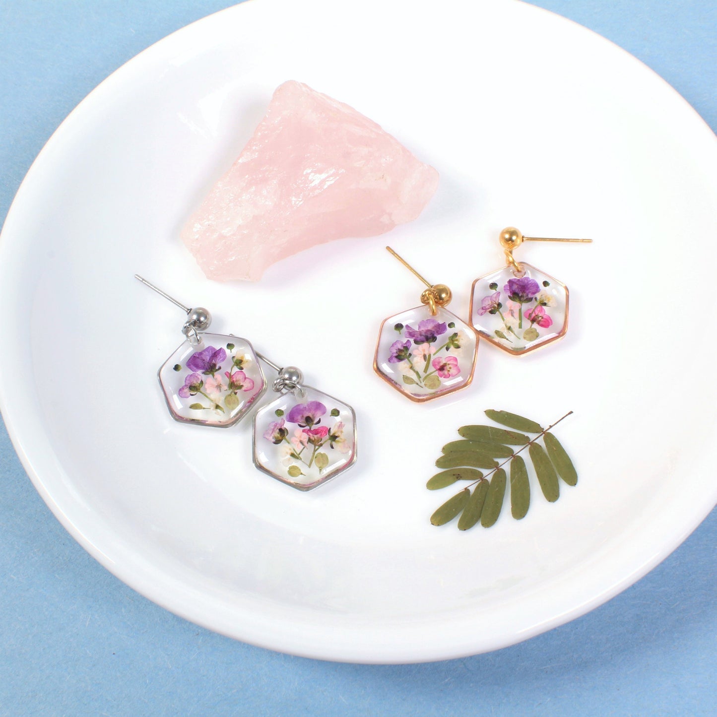 Real Pressed Flower Dangle Earrings, Hexagon Bouquet Ball Post Studs, Resin Dried Flower Jewelry, Geometric Plant Handmade, Botanical Nature