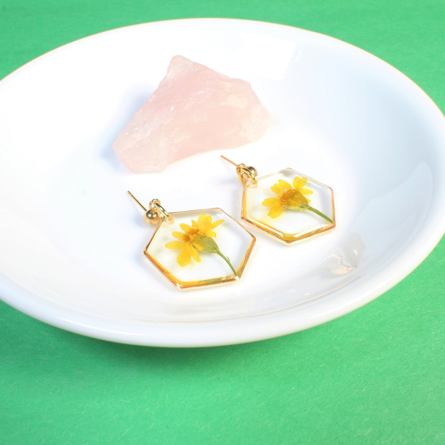 Yellow pressed flower dangle earrings, real daisy resin jewelry, dried floral, handmade, hexagons, wildflowers, March birth flower, daffodil