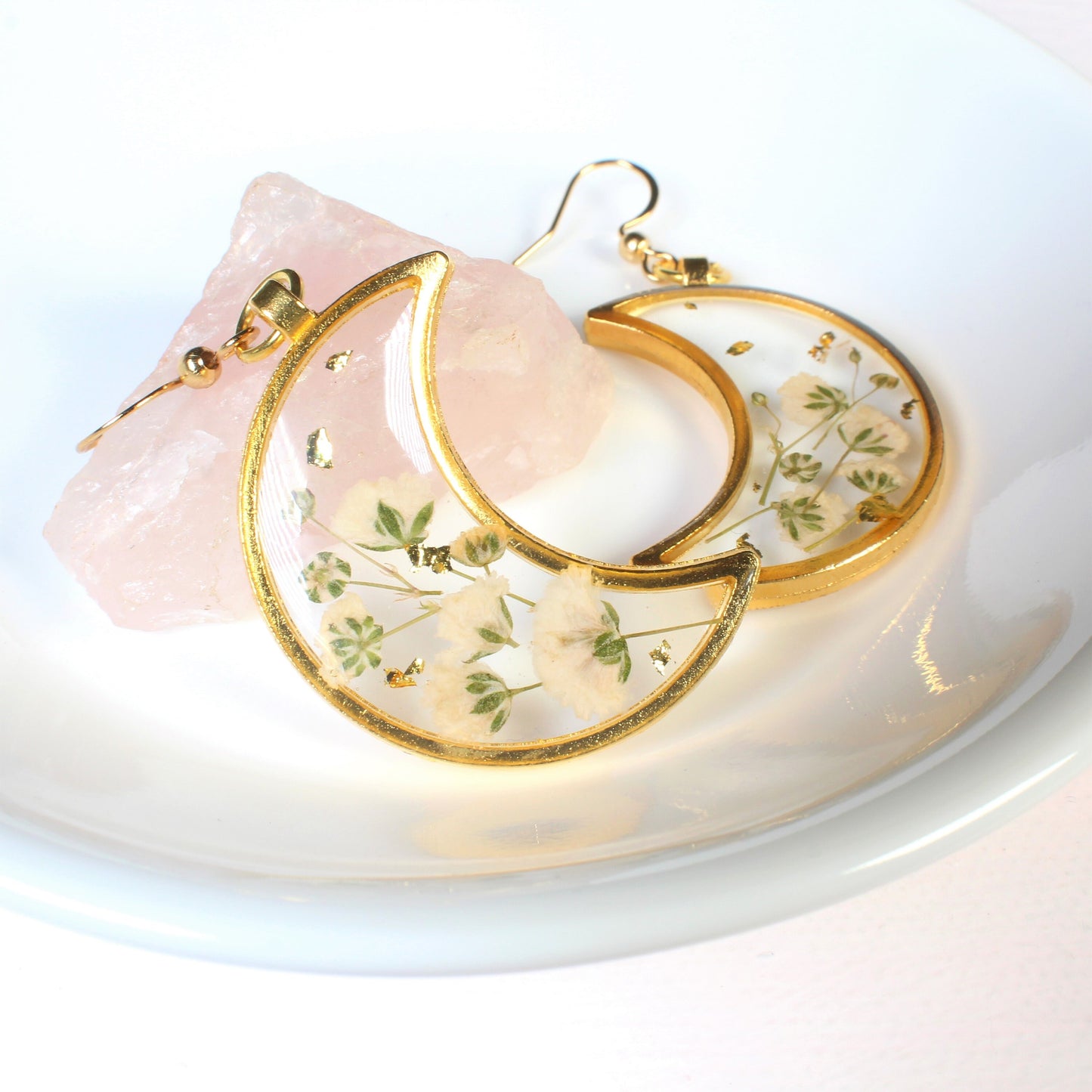Pressed flower earrings, Gold moon dangle earrings, Resin flower jewelry, handmade, white baby's breath, dry botanicals, wildflowers, lunar