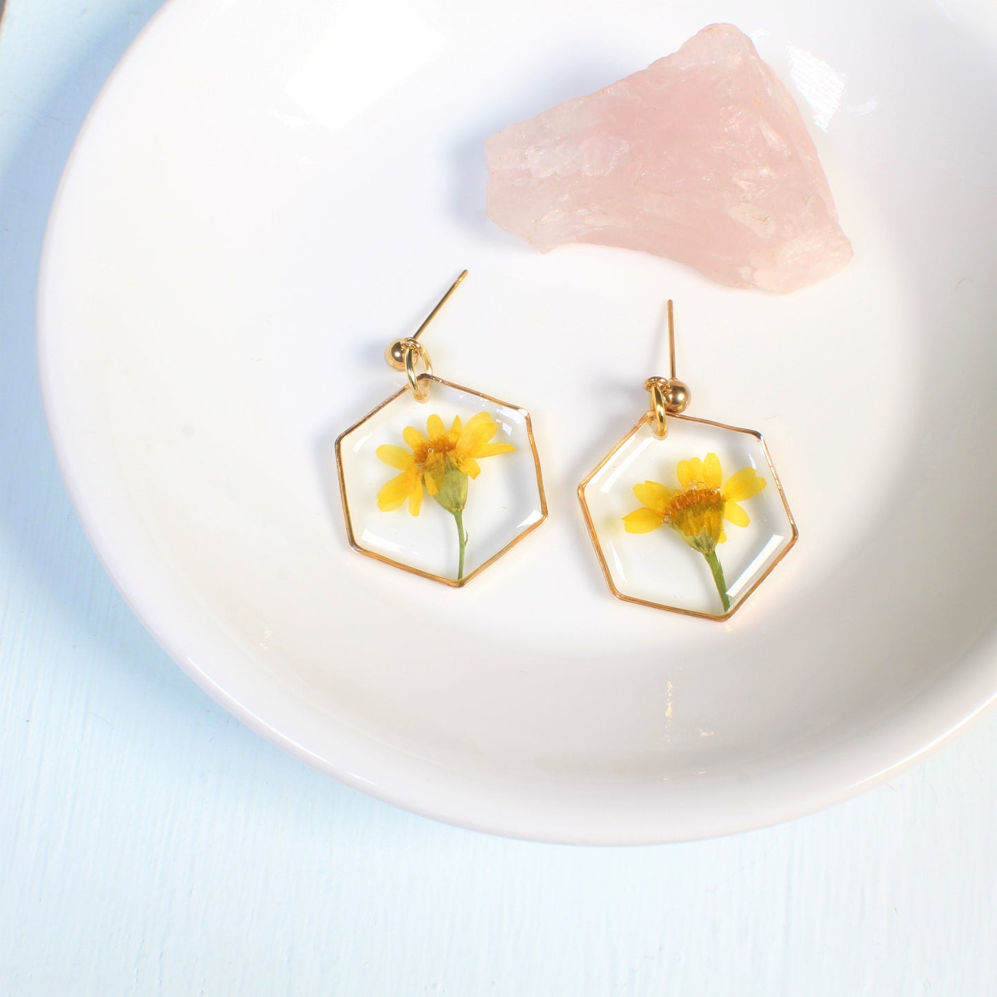 Yellow pressed flower dangle earrings, real daisy resin jewelry, dried floral, handmade, hexagons, wildflowers, March birth flower, daffodil