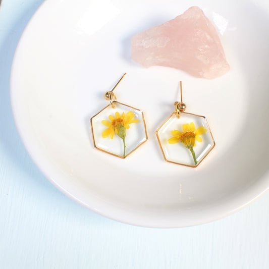 Yellow pressed flower dangle earrings, real daisy resin jewelry, dried floral, handmade, hexagons, wildflowers, March birth flower, daffodil